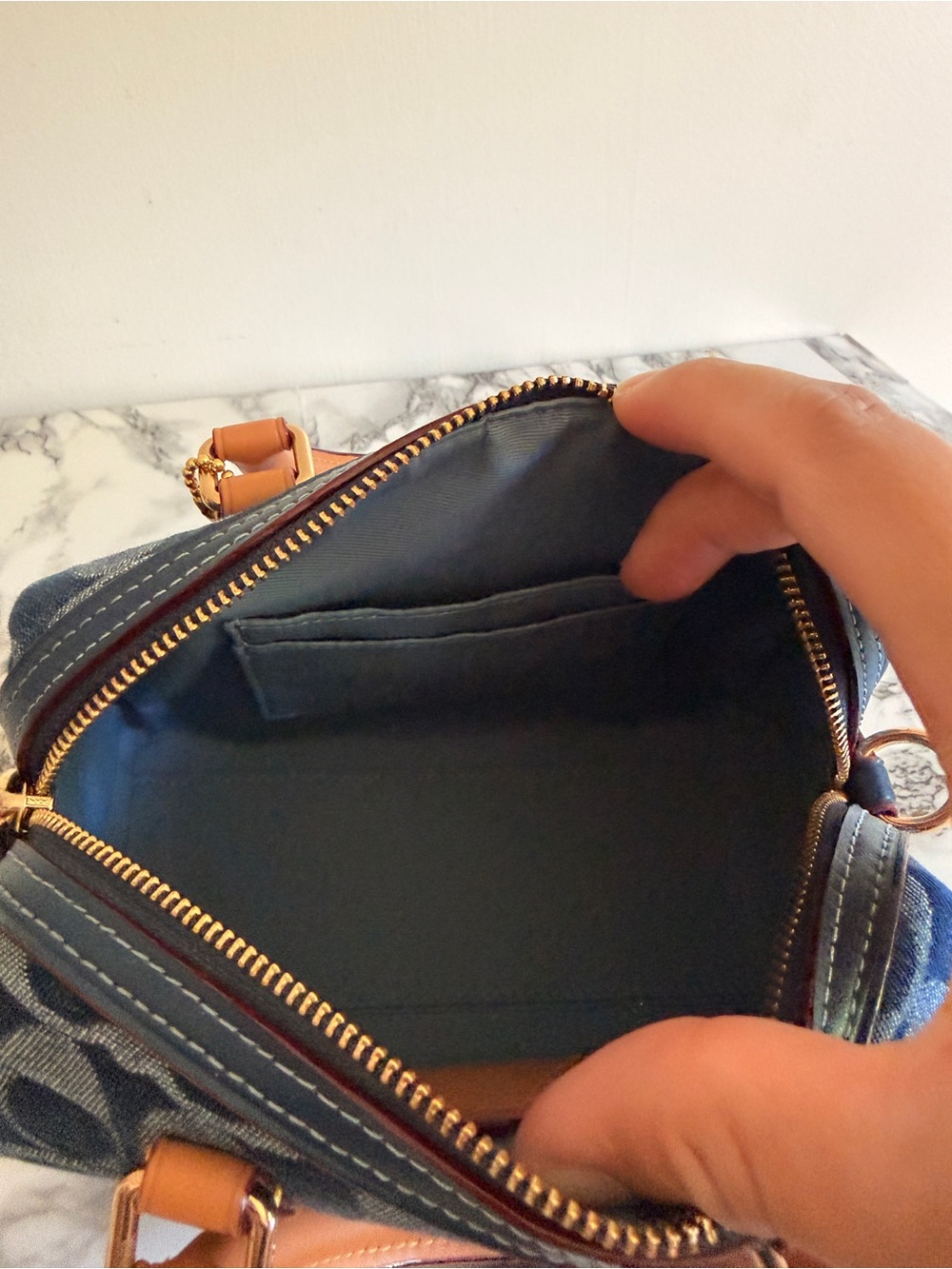 Coach Blue Denim Signature Mini Satchel with Tan Leather Trim - Picture 7 of 7